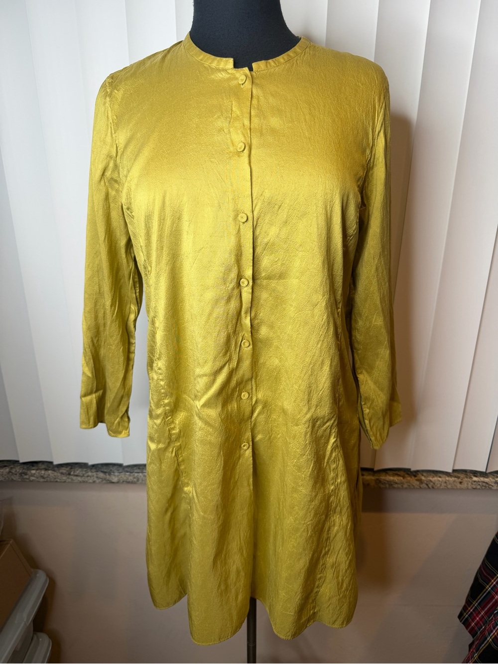 Eileen Fisher Golden 100% Silk Yellow Button-Front Tunic Dress Size Small